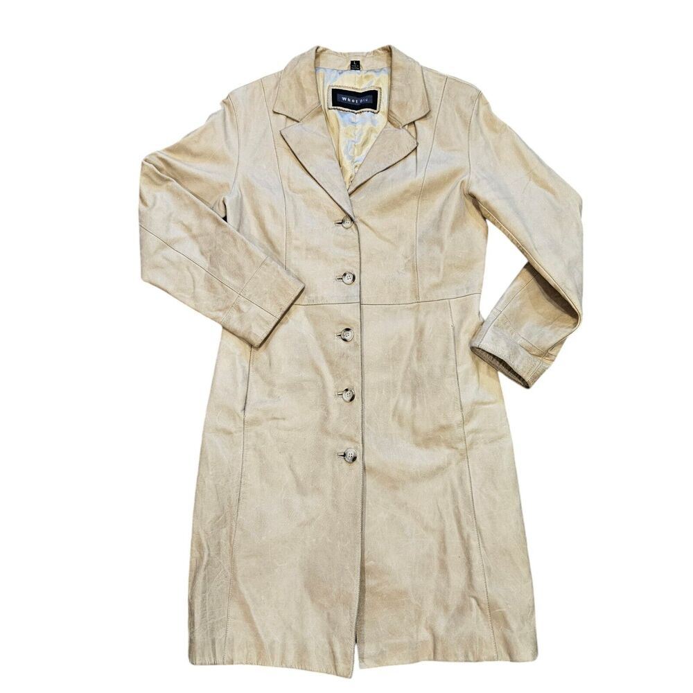 Vtg Whet Blu Long Leather Jacket Womens L Beige Trench Coat Pockets 90s Clueless